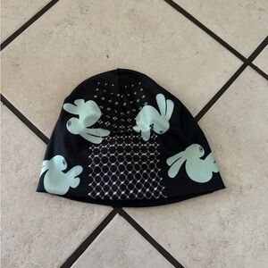 Black Beanie Hat with Mint Bunny Print